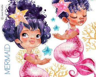 Violet hair Mermaids clipart, Fairytale Princess, Watercolor Clipart, Digital Elements, Party, Fabulous invitation, Greetings Diy