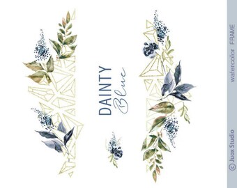 PNG watercolor wreath аDainty Blue, watercolor roses & branches frame, small set, digital wreath, clipart, wedding design, decoration