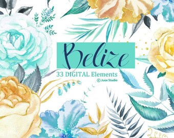 Watercolor floral elements, Roses digital clipart, Watercolor flowers clipart, Gold Mint, Yellow Scrapbooking, decoration, Digital