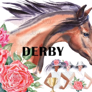 Derby Watercolor Painting Clipart, Stickers, Digital Elements, Horse, invitation, Greetings Diy card