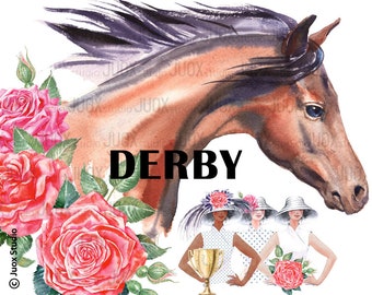 Derby Watercolor Painting Clipart, Stickers, Digital Elements, Horse, invitation, Greetings Diy card