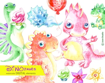 Dinozaurs Clipart, cute Dinozaur, branches, Dino Clipart, Jurassic, Watercolor Clipart, Birthday invitation Greetings Diy card