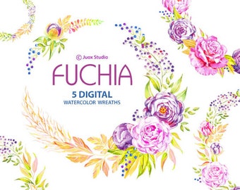 Fuchsia Wreaths, Watercolor clipart, roses, peony, foliage, leaves, wedding invitation, floral, greetings, diy clip art, flowers