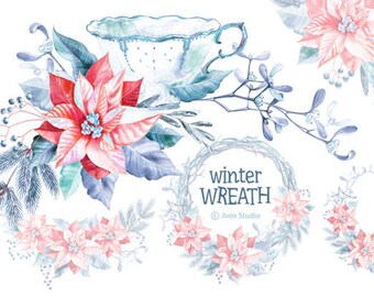 Winter Wreath Watercolor Clipart Digital Flowers Bouquets Boho Pink Holiday invitation Greetings Diy card