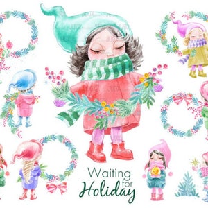 Esperando imágenes prediseñadas de vacaciones, Imágenes prediseñadas de acuarela, Elementos digitales, niños, Invitación fabulosa, Saludos DIY