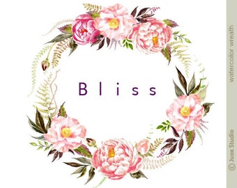 Watercolor wreath Bliss, watercolor camellia & peony wreath, small set, peony digital wreath, clipart, wedding design, decoration