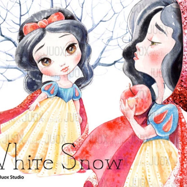 WHITE SNOW clipart, Fairy tale Princess, Watercolor Clipart, Digital Elements, Party, Fabulous invitation, Greetings Diy