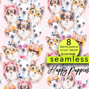 8 SEAMLESS only JPG digitales Papier Pack, Happy Puppies Porträts, Hundeliebhaber, Download niedliches Hündchen, Pilot Helm, Halsband, Brille, Aquarell
