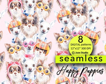 8 SEAMLESS only JPG digital paper pack, Happy Puppies portraits, dog lover, Download cute doggy, pilot helmet, collar, glasses, Watercolor