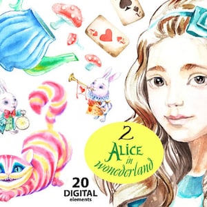 ALICE in Wonderland 2, Watercolor Clipart, Cheshire cat, Elements, Party Digital, Fabulous invitation, Greetings Diy