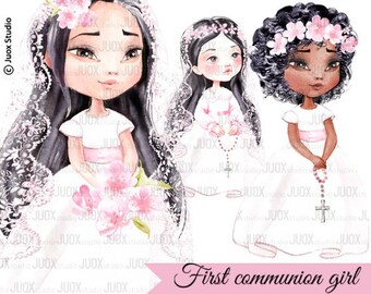 First communion girl, Watercolor religious Clipart, pink, Digital Elements, invitation, Greetings Diy
