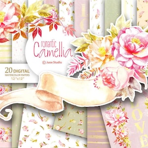 Romantisches Camellia Papier Pack, Kamelie digitales Papier, Aquarell Papier Clipart, Grün Pink und Beige Papier, Dekoration, Digitales Papier Set