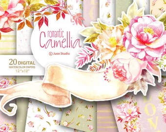 Romantic Camellia Paper Pack, Camellia digital paper, Watercolor paper clipart, Green Pink and Beige Paper, decoration, Digital paper set