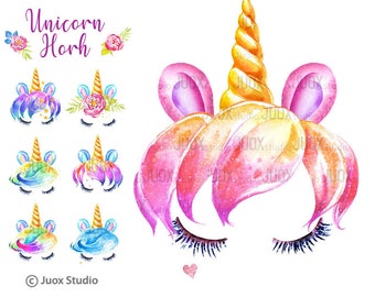 Unicorn Heads watercolor clipart, stars, unicorn horn, baby shower
