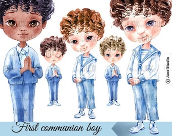 First communion boy, Watercolor religious Clipart, blue, Digital Elements, invitation, Greetings Diy