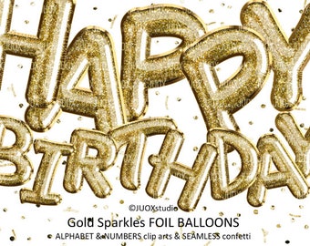 Gold Sparkle foil balloons clipart letters, numbers, alphabet, seamless confetti pattern, digital, instant download