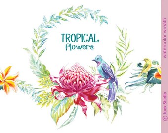 PNG Tropical Flowers wreaths, Watercolor Digital wreath, Elements leaves Pink Wedding invitation Greetings Diy elements