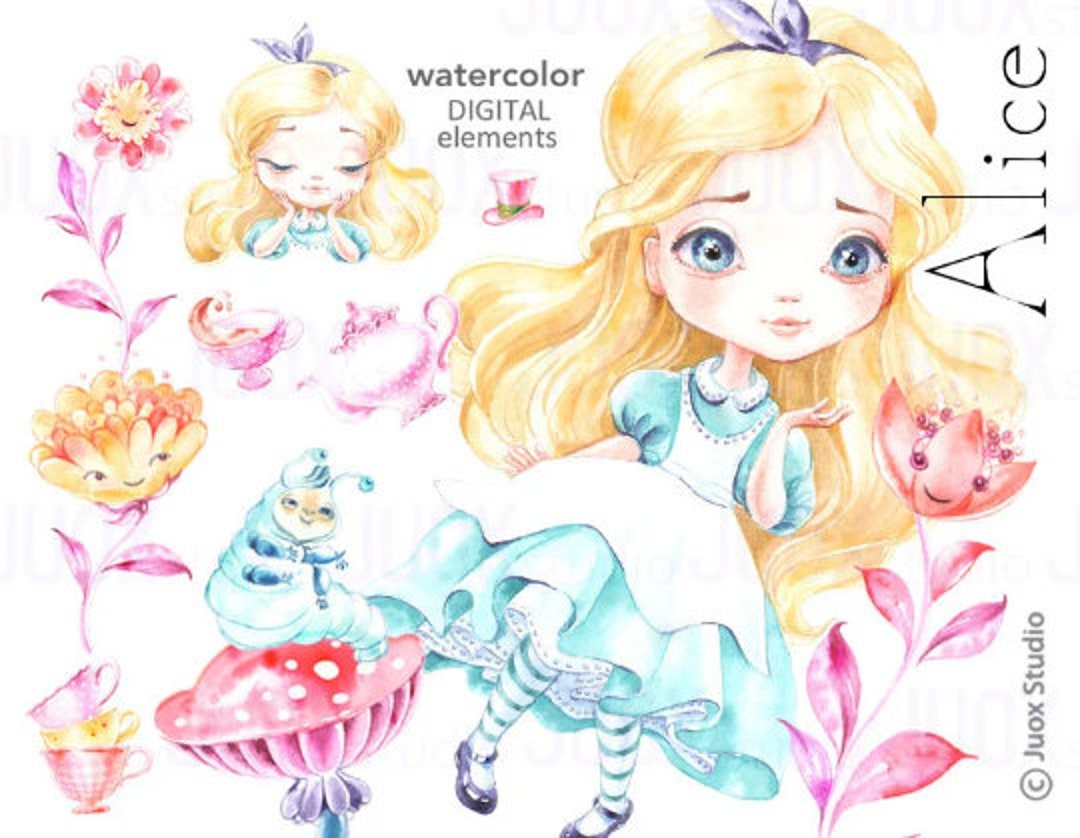 Alice in Wonderland, Watercolor Clipart, Flowers Elements, Party ...