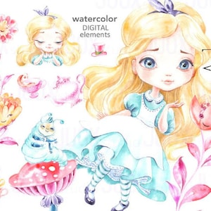 Alice in Wonderland, Watercolor Clipart, flowers Elements, Party Digital, Fabulous invitation, Greetings Diy