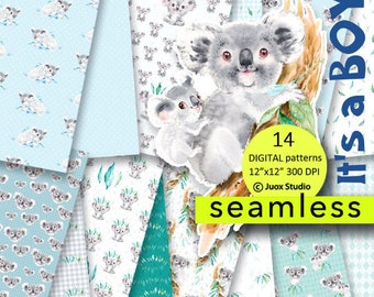SEAMLESS Paper cute koalas, watercolor koala, koala lover, summer clipart, invitation greetings card