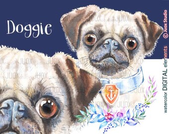 Large portrait Doggie Clipart 3, cute doggy, dog lover, Animals Download - Instant Download, dog collar,  Watercolor