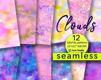 12 SEAMLESS only JPG Clouds pastel digital backgrounds paper pack, ombre textures, digital backgrounds, instant download