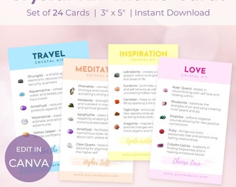May include: Crystal Kit Theme Cards, set of 24 cards, each 3" x 5". The cards feature themes like Travel, Meditation, Inspiration, and Love, with descriptions of crystals and their properties. Includes the text "Edit in Canva".
