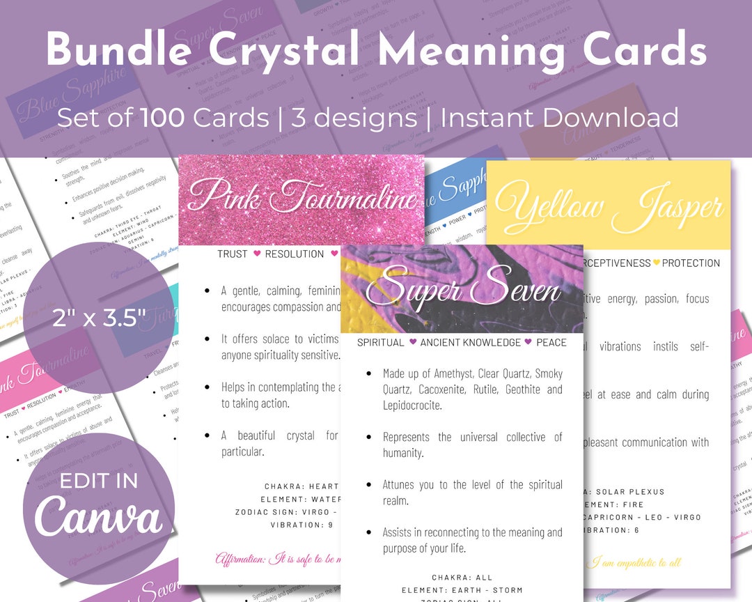 Crystal Message Cards 100 Cards X 3 Designs Bundle Set-printable Colour Crystal Meaning ...