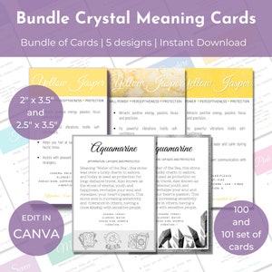 5 Designs Bundle Set-Printable Colour 100 and Black & White 101 Crystal Meaning Cards–2” x 3.5” and 2.5"x 3.5"-Card Insert-Download–CMC010