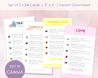May include: Set of 24 printable cards featuring crystals and their healing properties. Each card is 3 inches by 5 inches and includes the name of the crystal, its color, and a brief description of its benefits. The cards are organized into three categories: Travel, Meditation, and Love. The cards are designed to be printed and used as a guide for crystal healing.