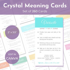 260 Printable Colour Crystal Meaning Cards–2” x 3.5”–Gemstone Description Cards-Card Insert-Card Deck-Chakra Reiki-Digital Download–CMC005
