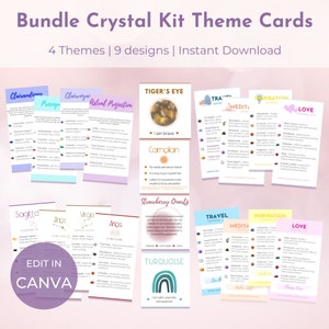Bundle Crystal Kit Theme Cards-Printable Crystal Meaning Cards-Gemstone Description Cards-Digital Download-4 Themes-9 Designs-CKS012