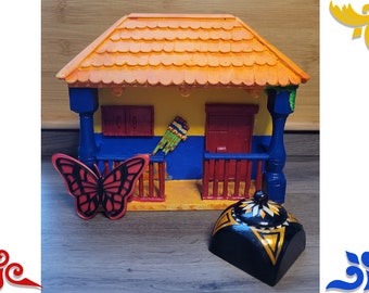 Colombian Craft Combo: Traditional Wooden Balcony, Engraved Chest, and Butterfly Magnet for Fridge