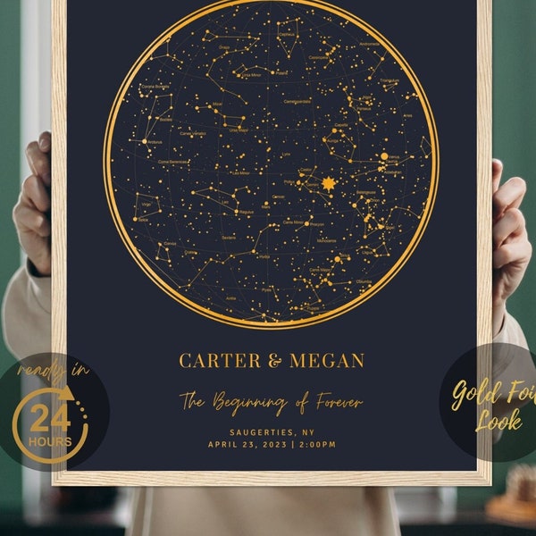 Personalized Gold Foil Look Star Map Poster, Date and Location Astronomy, Unique Sky Map Print, Custom Star Chart, Custom Celestial Map