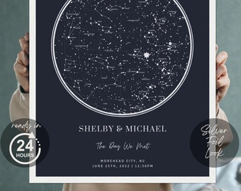 Custom Star Map By Date and Location, Silver Foil Look The Night Sky Poster, Night We Met Anniversary Gift, Night Sky Print, Wedding Gift