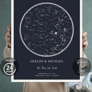 Custom Star Map By Date and Location, Silver Foil Look The Night Sky Poster, Night We Met Anniversary Gift, Night Sky Print, Wedding Gift