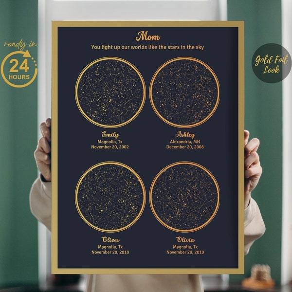 Custom Mom Star Map Print, 2 3 4 Star Map for Mothers or Fathers, Star Map Gift from Children, Sky Print Family Gift, Constellation Chart