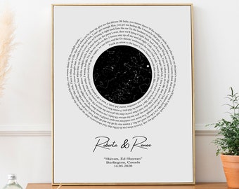 Mappa stellare del cielo notturno personalizzata, regalo di anniversario per marito e moglie, testi di canzoni con mappa stellare, regalo di fidanzamento regalo di nozze per coppie