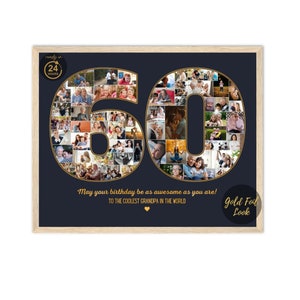 Zahlen Fotocollage, 60.Geburtstagsgeschenk, individuelles Partydekoration, personalisiertes Wandkunst Geschenk für Mama oder Papa
