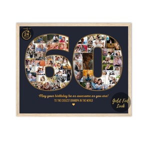 Gold Foil Look Any Number Photo Collage, 60th Birthday Gift, Custom Unique Party Decoration, Personalized Wall Art Gift for Mom or Dad