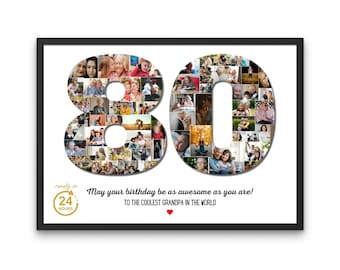 Puede incluir: Un collage de fotos con forma de número 80, compuesto por muchas fotos más pequeñas de personas. El texto "May your birthday be as awesome as you are! To the coolest grandpa in the world" está debajo del collage.