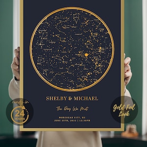 Custom Star Map Print, Night You Were Born, Gold Foil Look The Night Sky Poster, Stars Above Map Poster, Wedding Constellation Print Gift