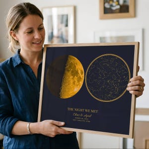 May include: A framed print featuring a golden moon phase and a star map on a navy blue background. The text "THE NIGHT WE MET" is displayed, along with names, a date, and a location. The frame is made of light-colored wood.
