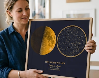 May include: A framed print featuring a golden moon phase and a star map on a navy blue background. The text "THE NIGHT WE MET" is displayed, along with names, a date, and a location. The frame is made of light-colored wood.