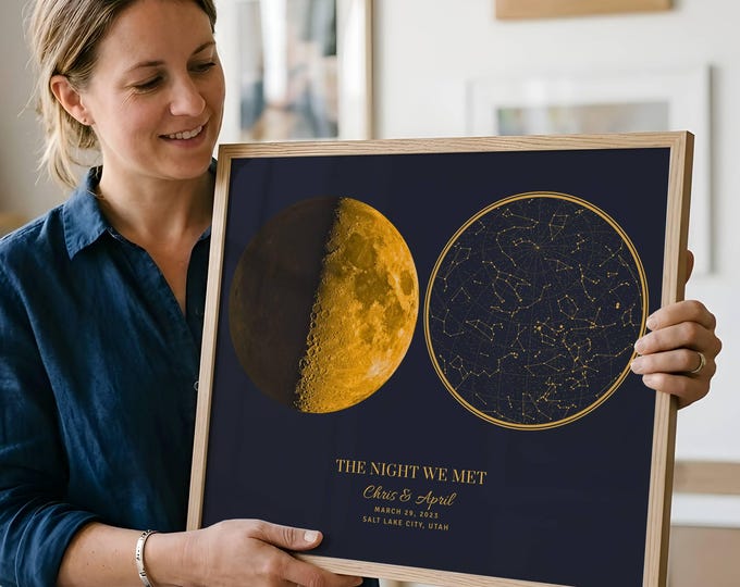 Star Map & Moon Phase By Date and Location, The Sky Poster, Night We Met Anniversary Gift, Astronomy Wedding Gift