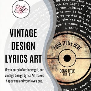 Op de afbeelding: Vintage design lyrics art met een cirkelvormig ontwerp met de tekst "Your Title Here" en "Song Title Artist". Het kunstwerk bevat de tekst "Vintage Design Lyrics Art" en "Kila Home Decor Art".