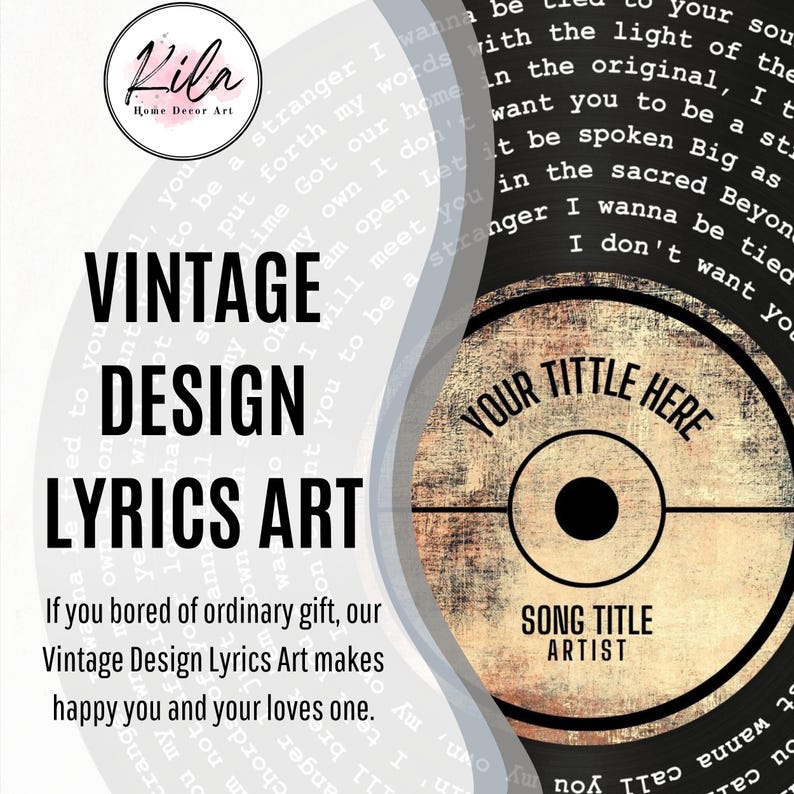 Op de afbeelding: Vintage design lyrics art met een cirkelvormig ontwerp met de tekst "Your Title Here" en "Song Title Artist". Het kunstwerk bevat de tekst "Vintage Design Lyrics Art" en "Kila Home Decor Art".