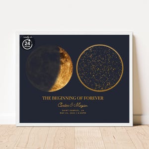 Carte des étoiles et phases de la lune par date et lieu, affiche numérique du ciel nocturne, cadeau d'anniversaire de notre rencontre avec la nuit, impression ciel nocturne, cadeau de mariage