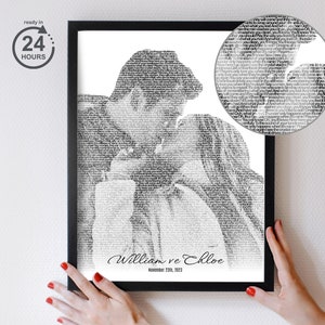 Könnte beinhalten: Schwarzweißes Porträt eines sich küssenden Paares, aus Text zusammengesetzt. Der Text lautet "William & Chloe" und "November 12th, 2013".