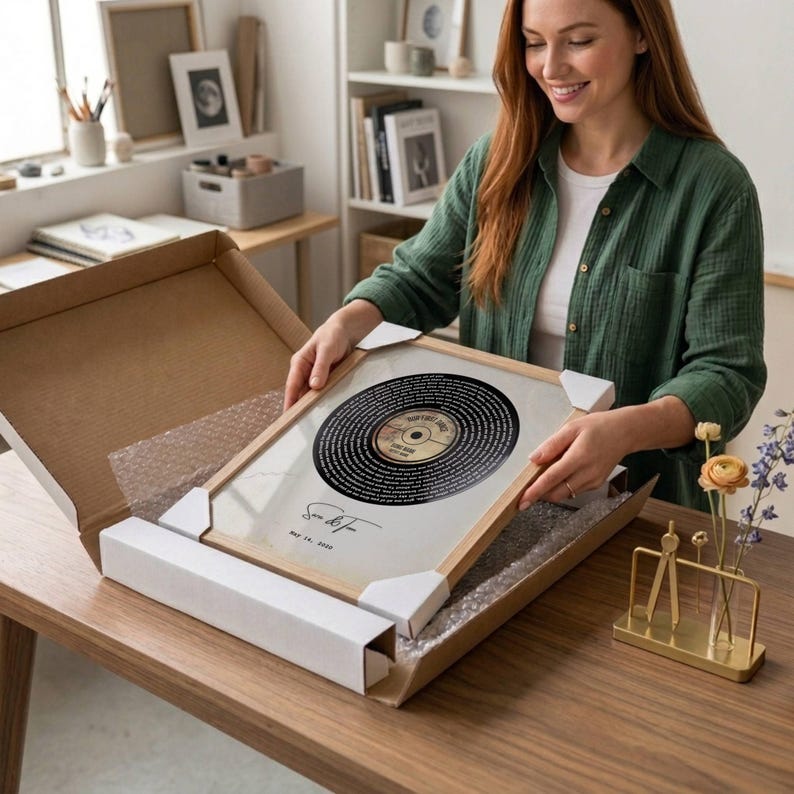 Op de afbeelding: Een ingelijste print van een vintage vinylplaat. De plaat is zwart met een gouden label en omringd door tekst. De lijst is van licht hout en de print zit in een kartonnen doos. De print is gesigneerd en gedateerd.